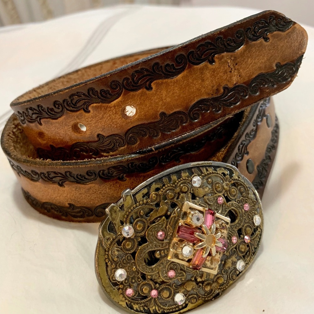 Still Vintage Gold & Rhinestone Brown Leather Belt